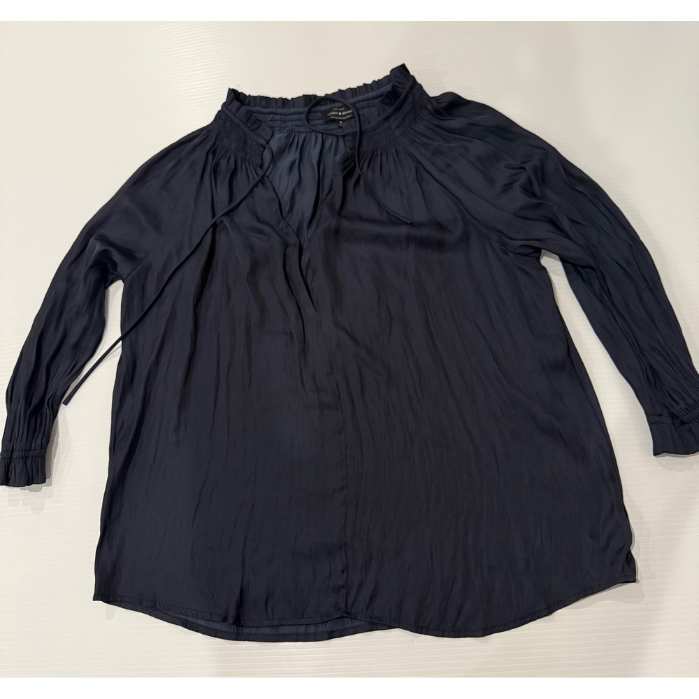 Lucky Brand Womens Top Blouse‎ Navy Blue Long Sleeve Tie Neck Smocked M